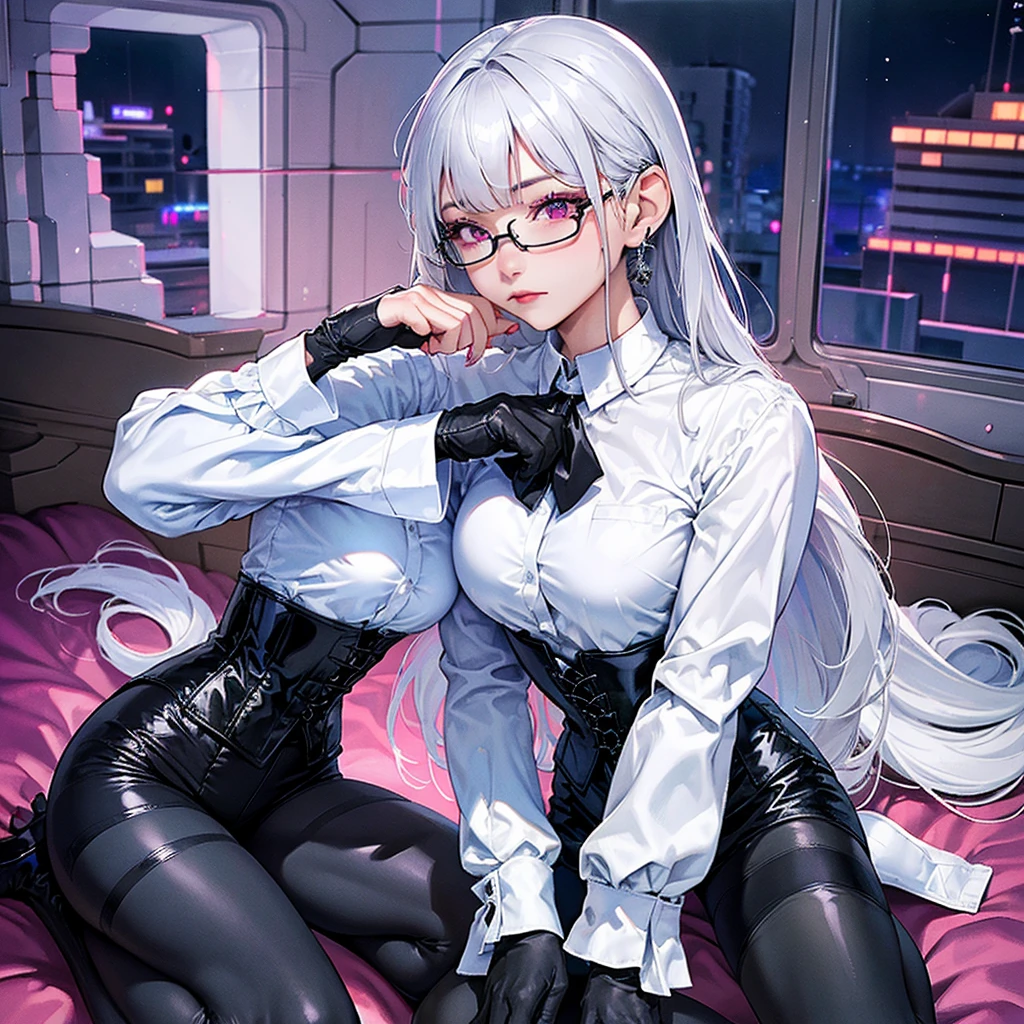 ​masterpiece, beautiful art, professional artist, 8k, Art style by sciamano240, Rostro von Bronya Zaychik, detailed body, very detailed face, very detailed eyes, detailed clothing, detailed fabric, best quality, Better resolution,  1 girl, front view, kneeling on a bed, big , Serious expression,  in the night time , Silver hair, Glasses, neck ribbon:1.6, (Long-sleeved white button-down shirt), (shiny black corset), black gloves, that cover your hands, (shiny black leggings), look at the viewer, Elegant room, in the night time