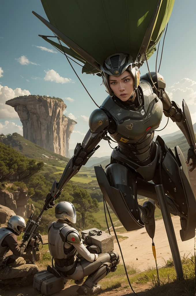 Robot with year wing on top of green harvest in Renaissance painting 