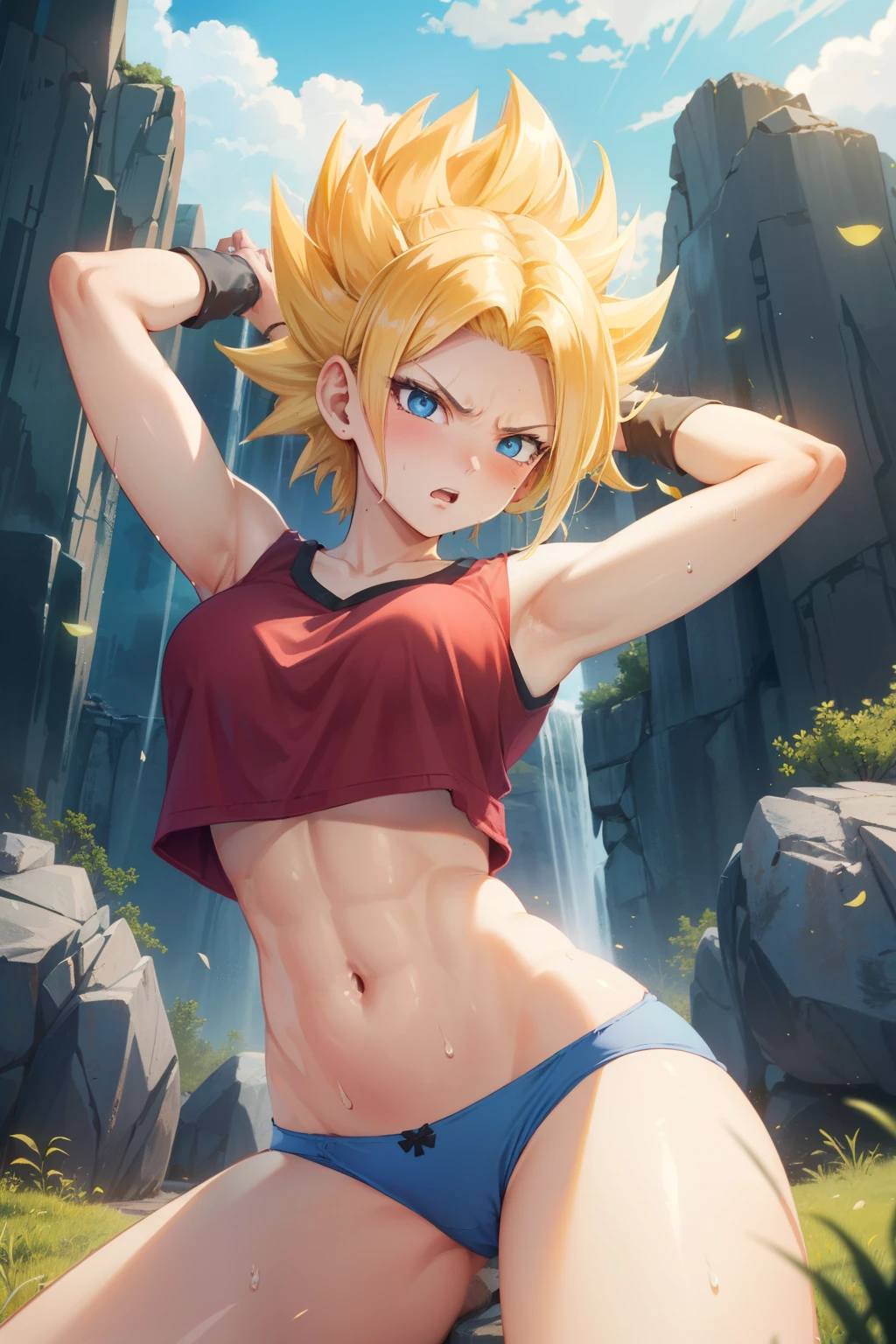 (Representative work: 1.2), (Best quality: 1.2), Solo, 1 girl, caulifla , angry face , blue eyes,  top , Blonde hair , ( panties: 1.4),  desert rock , sweat,  muscle . Machucados , hematoma. 