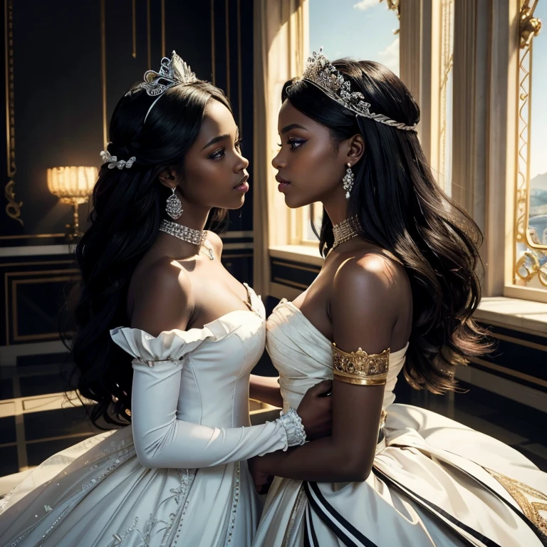 (​masterpiece, best quality:1.5), highest quality, High resolution, super detailed, Realists, Upper body photo of the black princess, dark skin, detailed and beautiful eyes, beautiful detailed lips, very detailed eyes and face, longeyelashes, Princess in royal dress, Beautiful and colorful makeup, elegant and noble々Pose,shiny crown and jewels, Royal gardens as background, soft daylight, bright colors, fine brushstrokes, Portrait style, Noble details in the dress fabric, beautiful color palette, glowing skin, First-class rendering, that captures every detail, enchanting atmosphere, subtle shadows and lights, (perfect anatomy:1.2), (Two stunning black and white princesses are deeply in love:1.4), (kiss:1.2), (magnificent panorama view:1.2)