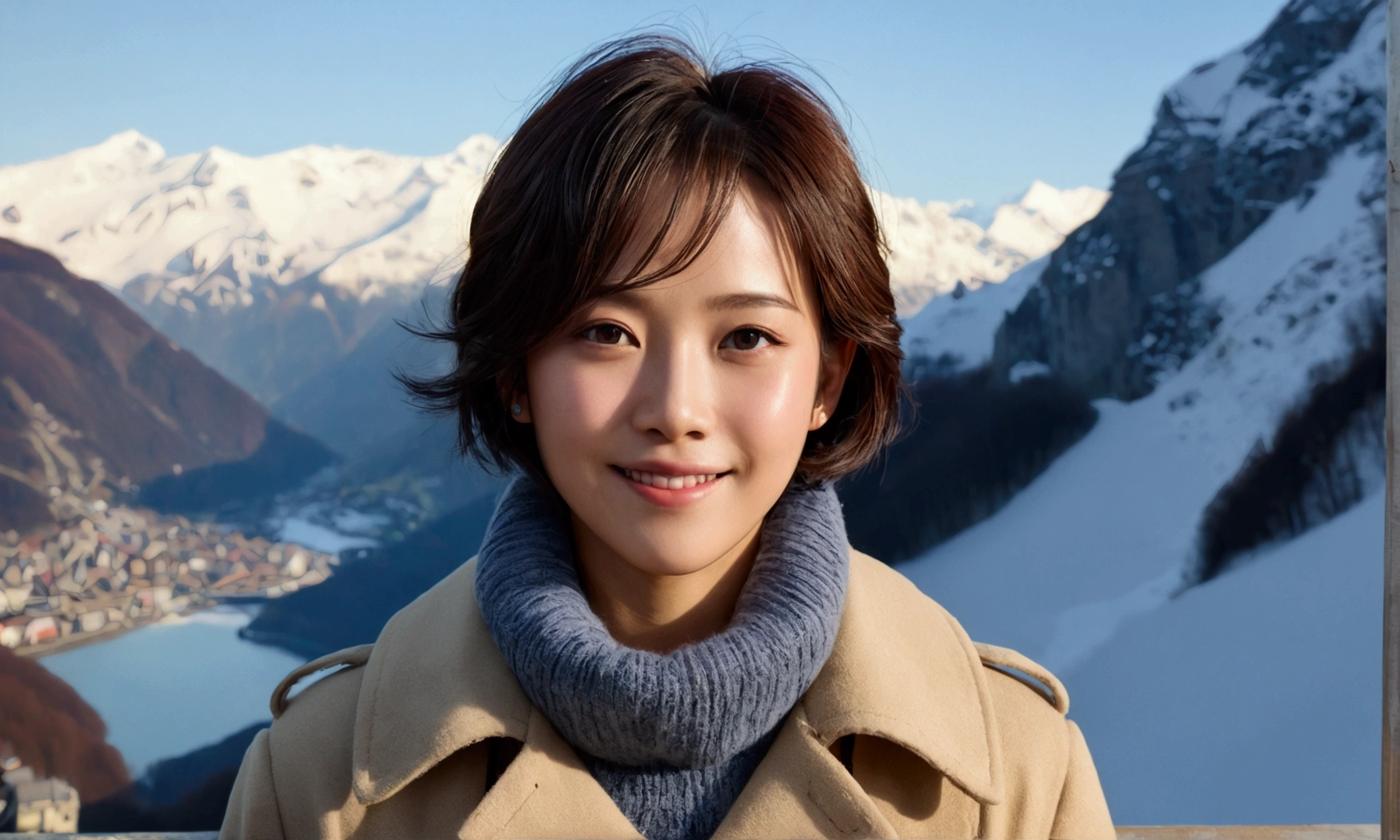 high resolution, raw photo, (realistic:1.5),(movie lights),(detailed fingers),(high detail skin:1.Letty'eye), short medium hair를 가진 50대 한국 여성, smiling face, short and , very beautiful.!, Get inspired by Son Ye-jin, 8K vertical rendering, 사진 realistic 아름다운 얼굴, 큰 eye,double eyelid, 검은 eye, short medium hair, alone, Switzerland, The Jungfrau snowfield can be seen in the distance.. winter, trench coat, highnecksweater, Wearing beige jean pants,,(huge grab),twilight, (Full body shot with Canon camera 16-35 wide angle lens,