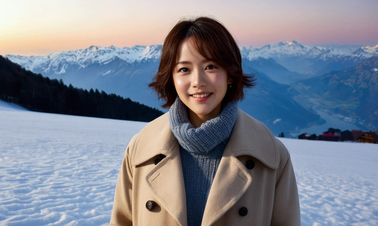 high resolution, raw photo, (realistic:1.5),(movie lights),(detailed fingers),(high detail skin:1.Letty'eye), short medium hair를 가진 50대 한국 여성, smiling face, short and , very beautiful.!, Get inspired by Son Ye-jin, 8K vertical rendering, 사진 realistic 아름다운 얼굴, 큰 eye,double eyelid, 검은 eye, short medium hair, alone, Switzerland, The Jungfrau snowfield can be seen in the distance.. winter, trench coat, highnecksweater, Wearing beige jean pants,,(huge grab),twilight, (Full body shot with Canon camera 16-35 wide angle lens,