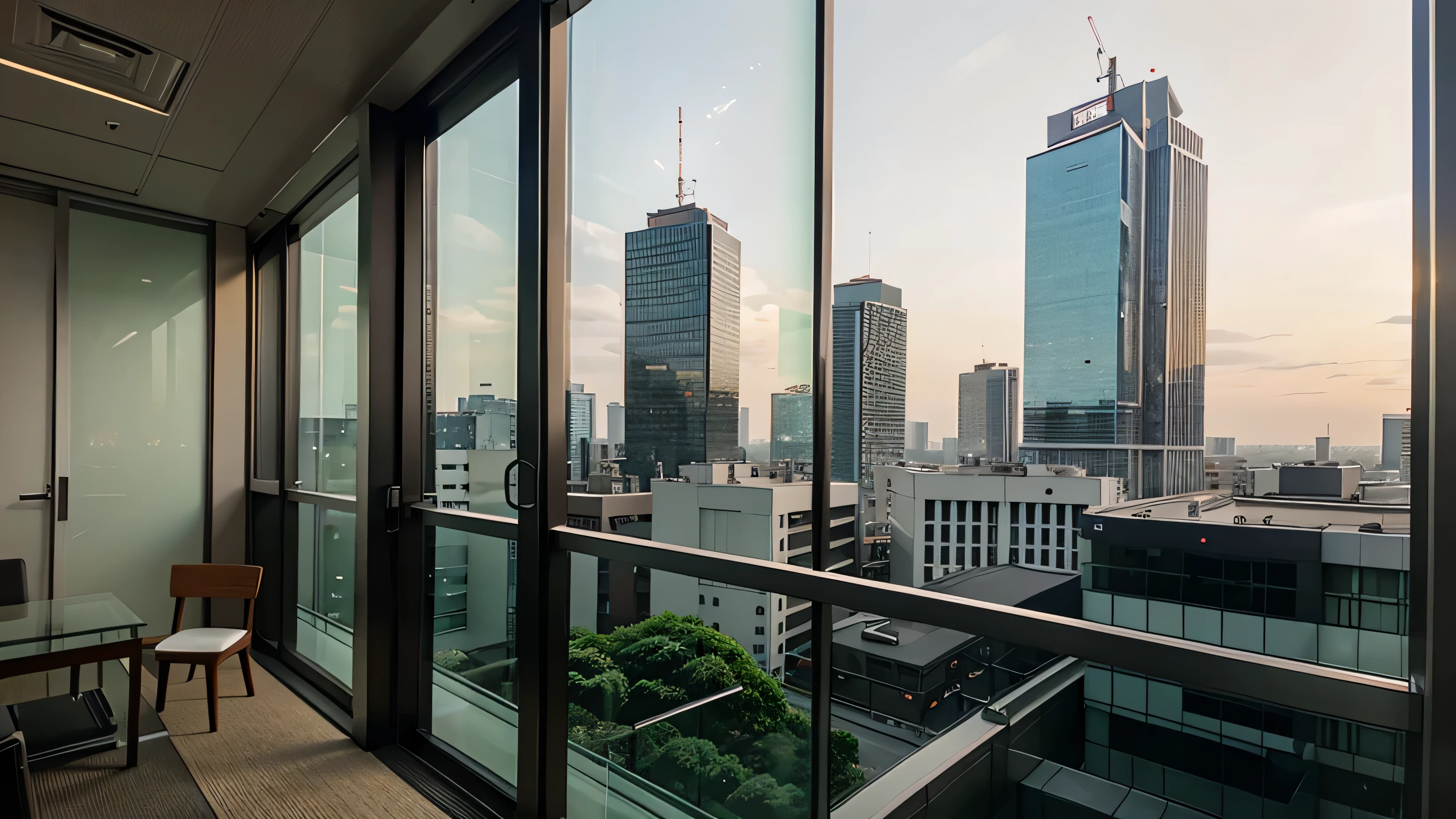 An early morning view from a Tokyo office building. Inside the office building there’s a big glass wall and full of table, office phone, computer, notebook and office appliance, outside the glass wall there’s a view to show Tokyo office building with traffic, road and people walking, very detail description