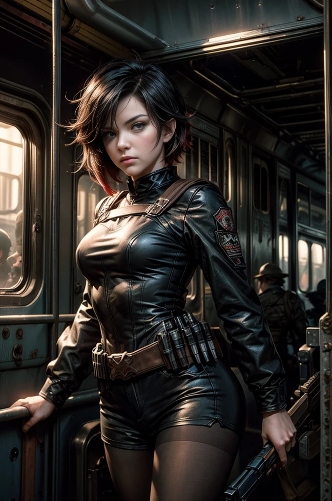 (masterpiece, best quality:1.2), cowboy shot, solo, dynamic pose, 1girl, ruby rose, looking at viewer, military uniform,  pantyhose, standing next to wrecked train, crowd searching with rifles, (crowd in military unifom) night, stars, closed mouth, serious look, serious expression, post-apocalypse, dystopian future 