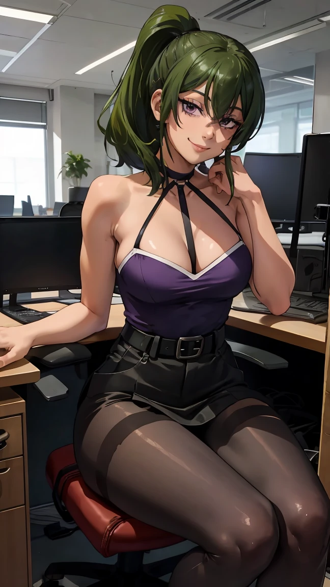 Bad, (Best quality:1.3), (4K quality), ((detailed face)),((smile)), ((skinny body)), Green hairs, (beautiful breasts), ponytail haircuts on the side of her head, cleavage, sexy, (((ecchi)) ), Skinny girl, skinny muscular woman, skinny body, perfect body, sexy skinny body, purple eyes, sexy slang, office, office lady,torn office clothing,torn office pantyhose, sitting on a chair, legs open, nsfw