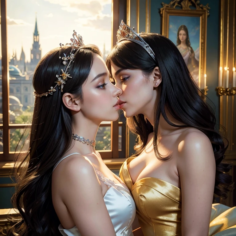 (masterpiece, best quality:1.5), highest quality, High resolution, super detailed, Realists, Upper body photo of the black-haired princess, detailed and beautiful eyes, beautiful detailed lips, very detailed eyes and face, longeyelashes, Princess in shiny satin royal dress, Beautiful and colorful makeup, elegant and noble々Pose,shiny crown and jewels, Royal gardens as background, soft daylight, bright colors, fine brushstrokes, Portrait style, Noble details in the dress fabric, beautiful color palette, glowing skin, First-class rendering, that captures every detail, enchanting atmosphere, subtle shadows and lights, (perfect anatomy:1.2), (Two stunning princesses are deeply in love:1.4), (kiss:1.2), (magnificent panorama view:1.2)