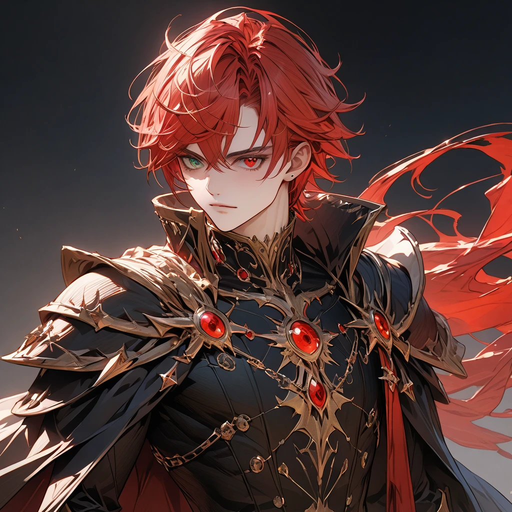 male face, red hair, (heterochromia, green and red eyes,) extremely detailed eyes, perfect eyes, extremely detailed face, black overcoat, cape, RPG style, broad shoulders, upright posture, facing the image, no light in the image, (blue character background,) ((character with full rendering focus and details), UHD, accurate, masterpiece, anatomically correct, textured skin, super detail, high details, high quality, award winning, best quality, highres, 16k