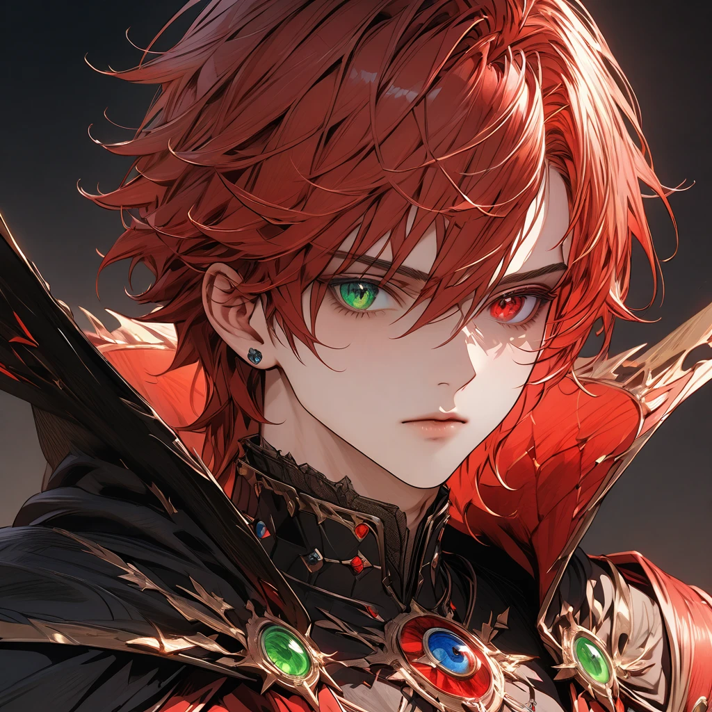 male face, red hair, (heterochromia, green and red eyes,) extremely detailed eyes, perfect eyes, extremely detailed face, black overcoat, cape, RPG style, broad shoulders, upright posture, facing the image, no light in the image, (blue character background,) ((character with full rendering focus and details), UHD, accurate, masterpiece, anatomically correct, textured skin, super detail, high details, high quality, award winning, best quality, highres, 16k