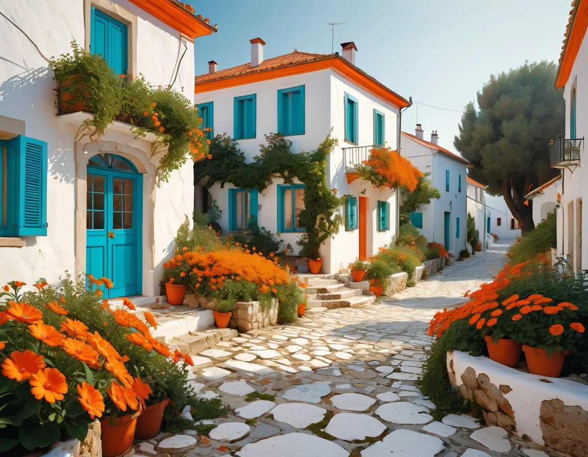 magical realism of a white house with orange flowers growing on the side, cyan and orange, by Jan Kupecký, flowery cottage, whitewashed buildings, orange and cyan, in style of joel meyerowitz, by Lee Loughridge, orange flowers, clean and reflexible cobblestone way, in a mediterranean lanscape, incredibly beautiful, by John Broadley, orange and white color scheme, orange roof, hyper-maximalism, sharp focus, HDR, 8k, final render, vray