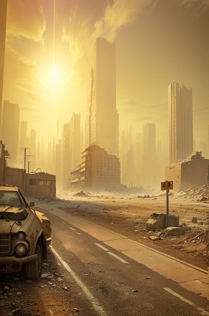 Car parked on the roadside in the city, Post-apocalyptic atmosphere, Post-apocalyptic wasteland, Post-apocalyptic hellscape, In a post-apocalyptic wasteland, post apocalyptic landscape, Post-apocalyptic wasteland, post apocalyptic scene, post apocalyptic world, Post-apocalyptic background, post apocalyptic streets, apocalyptic landscape, The scenery of Tianqi City, post-apocalyptic perspective, post apocalyptic city , ((low angle shot 1.7)) ((Camera lens close to the ground to shoot 1.8))