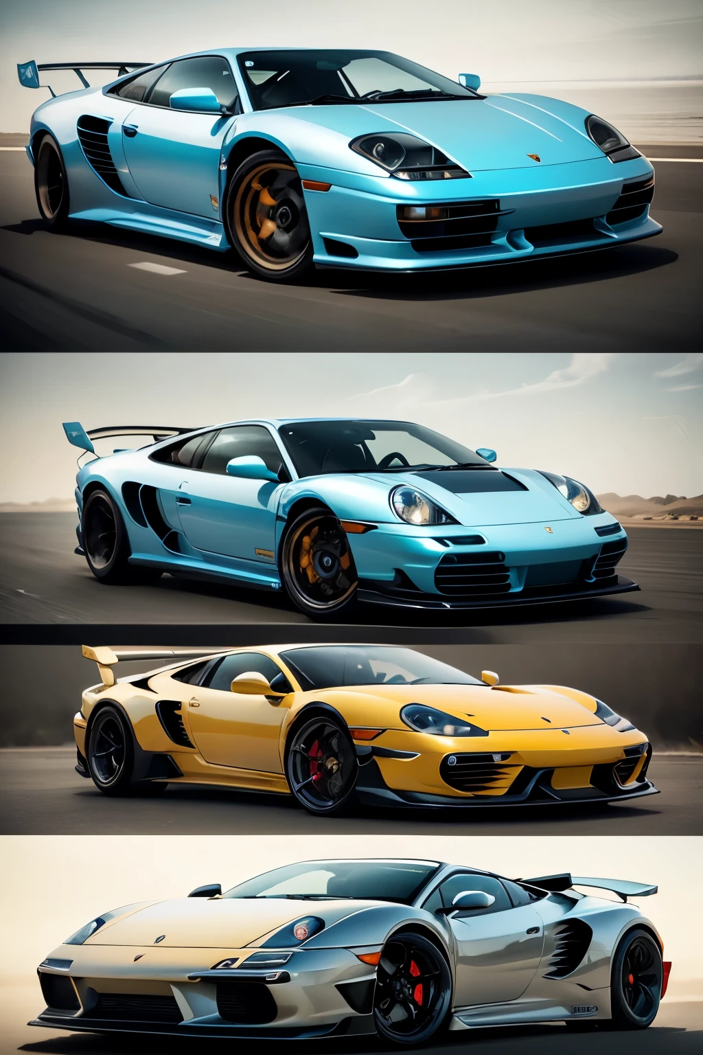 Frame 1: In the first frame, a captivating fusion of the Lamborghini Diablo and Porsche 911 Turbo design comes to life. The car's front end boasts the iconic sharp edges and angled headlights of the Diablo, while the sleek, smooth body lines and rounded tail lights of the 911 Turbo blend seamlessly into the design. The powerful engine roars as the car accelerates, leaving a trail of smoke behind.
Frame 2: In the second frame, the fusion vehicle soars effortlessly into the sky, transforming into a futuristic, hybrid aircraft. The wings unfold from underneath the car, as the Lamb