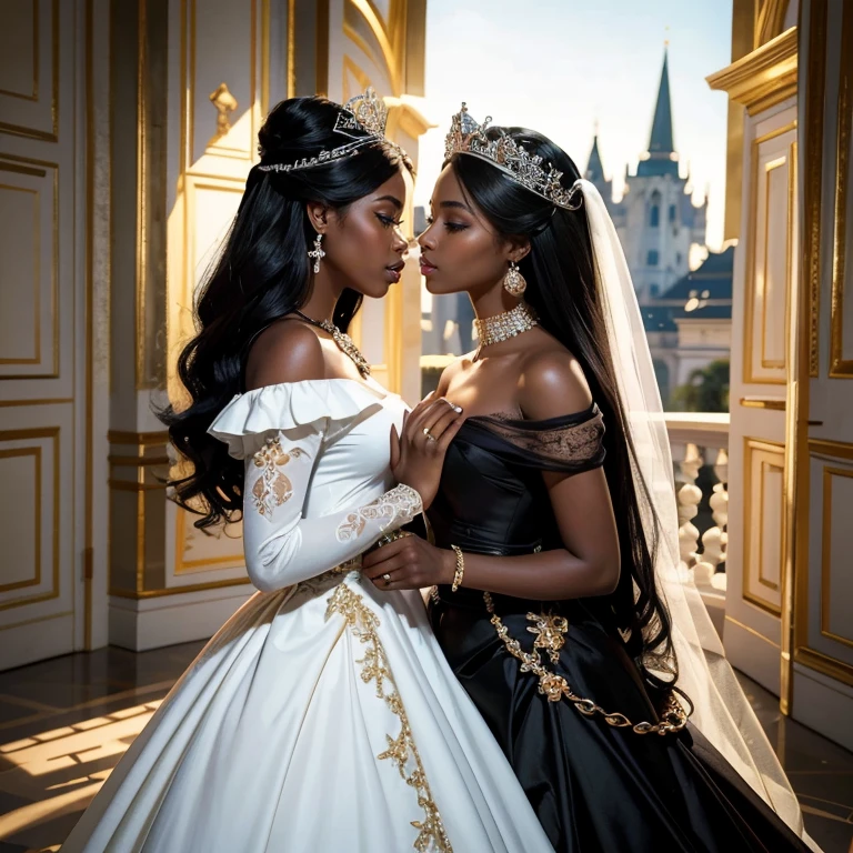 (masterpiece, best quality:1.5), highest quality, High resolution, super detailed, Realists, Upper body photo of the black princess, dark skin, detailed and beautiful eyes, beautiful detailed lips, very detailed eyes and face, longeyelashes, Princess in royal dress, Beautiful and colorful makeup, elegant and noble々Pose,shiny crown and jewels, Royal gardens as background, soft daylight, bright colors, fine brushstrokes, Portrait style, Noble details in the dress fabric, beautiful color palette, glowing skin, First-class rendering, that captures every detail, enchanting atmosphere, subtle shadows and lights, (perfect anatomy:1.2), (Two stunning black skin and white skin princesses are deeply in love:1.4), (kiss:1.2), (magnificent panorama view:1.2)