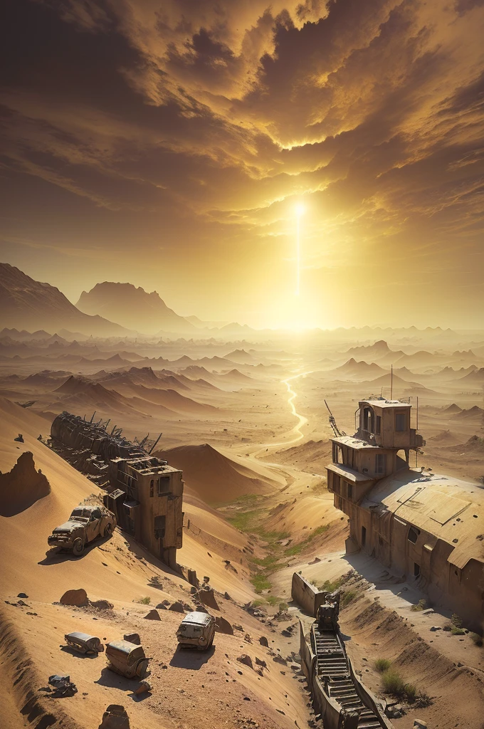 There are many vehicles and boats in the desert, post apocalyptic landscape, apocalyptic landscape, Post-apocalyptic hellscape, Post-apocalyptic wasteland, doomsday landscape, post apocalyptic scene, Post-apocalyptic atmosphere, 3D rendering and matte painting, "Matte Painting", post apocalyptic world, "Matte Painting", Post-apocalyptic wasteland, Realistic apocalyptic war scenario, Surreal matte painting , ((low angle shot 1.7)) ((Camera lens close to the ground to shoot 1.8))