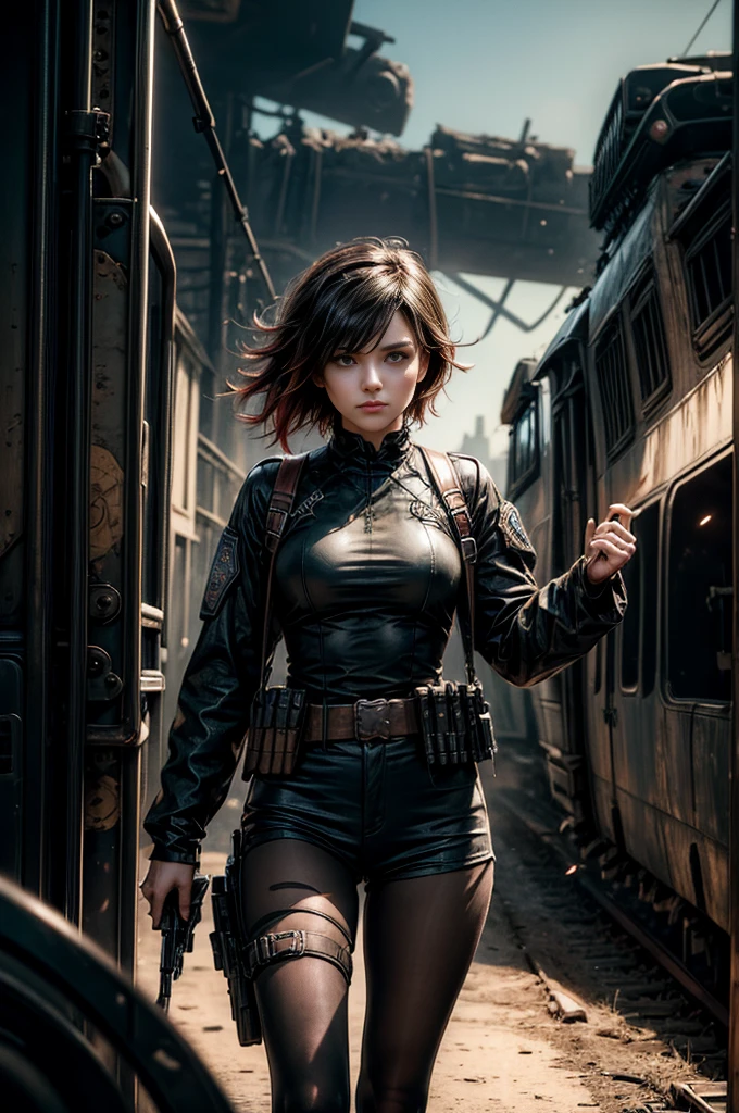 (masterpiece, best quality:1.2), cowboy shot, solo, dynamic pose, 1girl, ruby rose, looking at viewer, military uniform, pantyhose, standing next to wrecked train, crowd searching with rifles, (crowd in military unifom) night, stars, closed mouth, serious look, serious expression, post-apocalypse, dystopian future