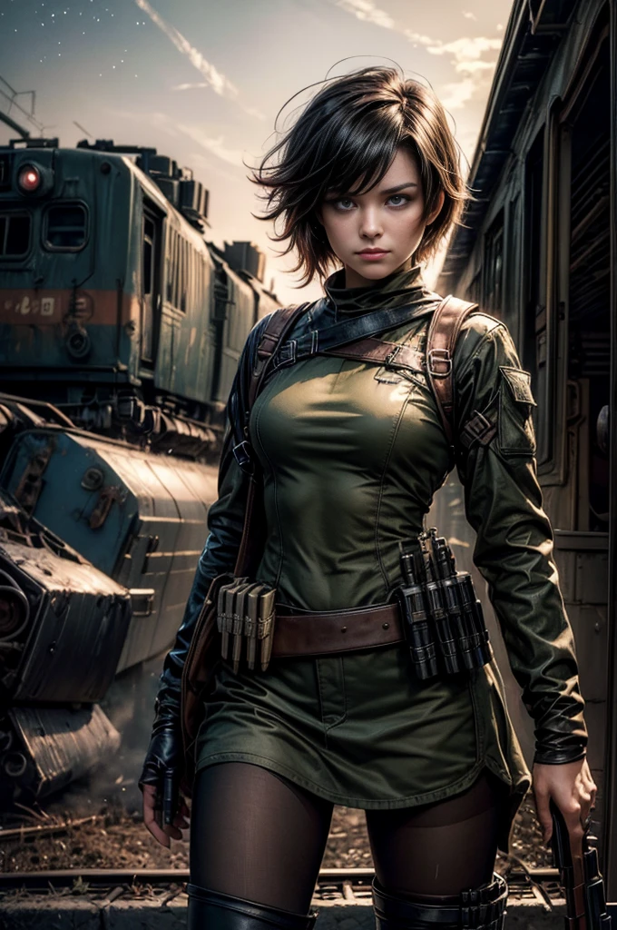 (masterpiece, best quality:1.2), cowboy shot, solo, dynamic pose, 1girl, ruby rose, looking at viewer, military uniform, pantyhose, standing next to wrecked train, crowd searching with rifles, (crowd in military unifom) night, stars, closed mouth, serious look, serious expression, post-apocalypse, dystopian future