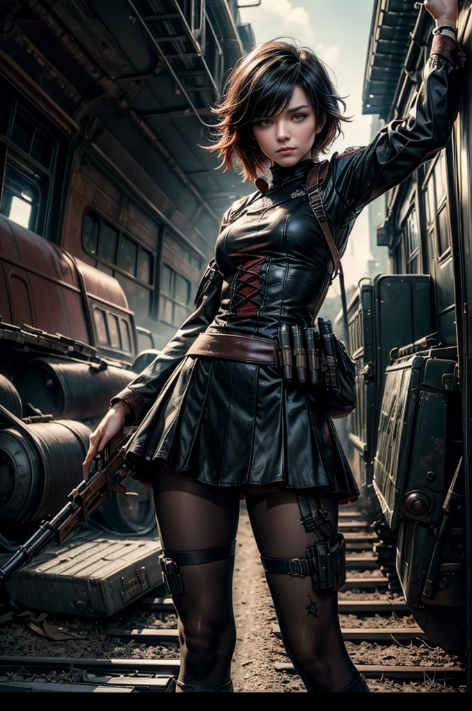 (masterpiece, best quality:1.2), cowboy shot, solo, dynamic pose, 1girl, ruby rose, looking at viewer, military uniform, pantyhose, standing next to wrecked train, crowd searching with rifles, (crowd in military unifom) night, stars, closed mouth, serious look, serious expression, post-apocalypse, dystopian future