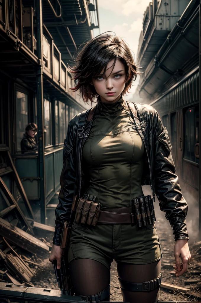(masterpiece, best quality:1.2), cowboy shot, solo, dynamic pose, 1girl, ruby rose, looking at viewer, military uniform, pantyhose, standing next to wrecked train, crowd searching with rifles, (crowd in military unifom) night, stars, closed mouth, serious look, serious expression, post-apocalypse, dystopian future