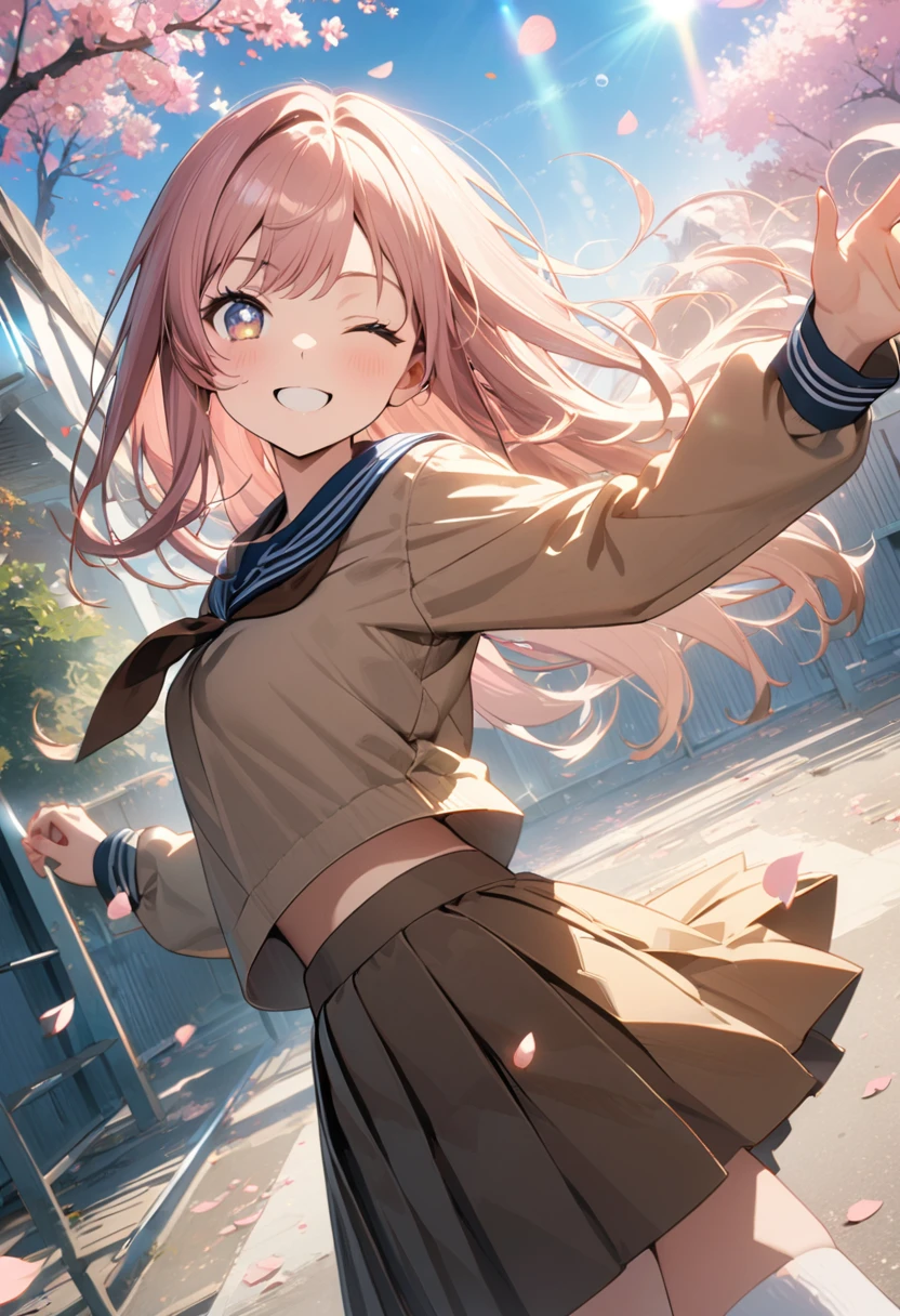 1 girl,16yo,amazing quality, aesthetic,8K,anime,ultra-detailed face,detailed eyes,sailor suit,brown collar(brown:1.5), light brown shirt,long sleeve,brown pleated skirt,brown ribbon tie,white knee-high socks,gradient eyes,one eye closed,smile,floating hair,pink hair,long hair,upper body,Looking back at the viewer,School building,School garden,cherry blossom tree,blue sky,(petals:1.3),(bubbles:1.3),(iridescent light:1.4),Dynamic angle,masterpiece, top quality, highly detailed illustration