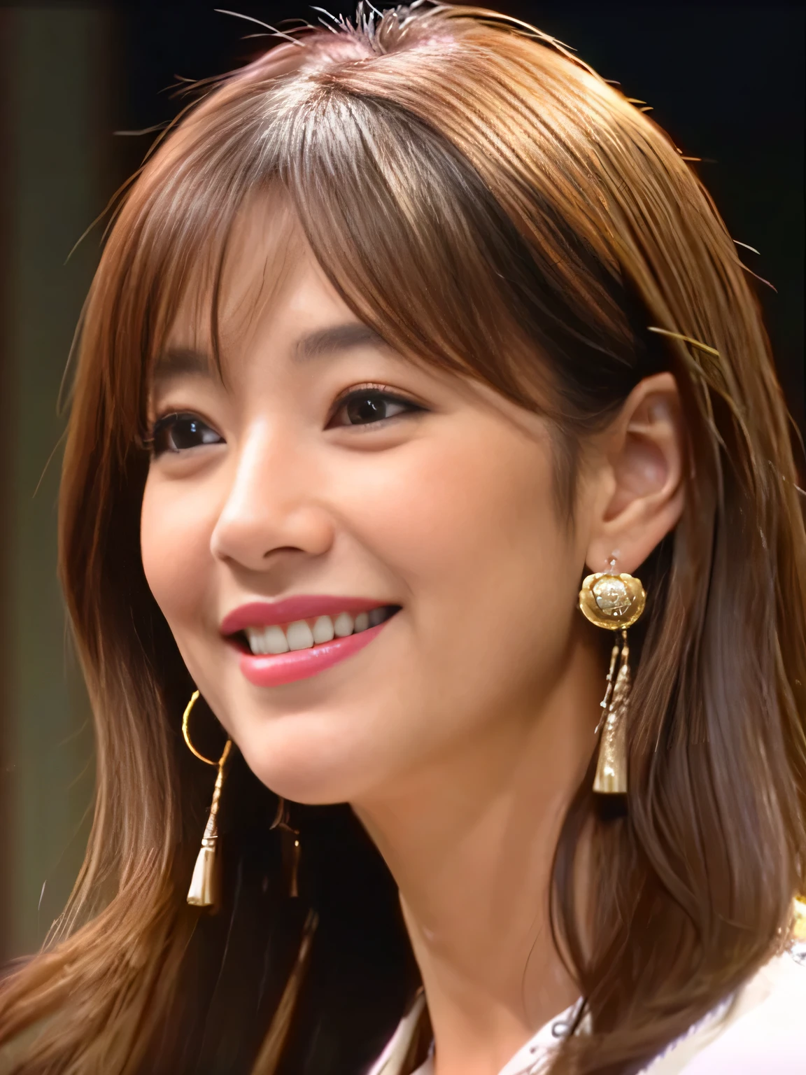 One Japanese woman、Looking this way、Watching the audience、Overlooking、Bust up shot、Light Brown Hair, Hair that falls over the shoulders, Perfect Makeup、Lip gloss、 Heart Earrings, Open Mouth, Grin, Depth of written boundary, Pause, Close-up, uhd, Skin Texture, Super Detail, Highest quality, 8k