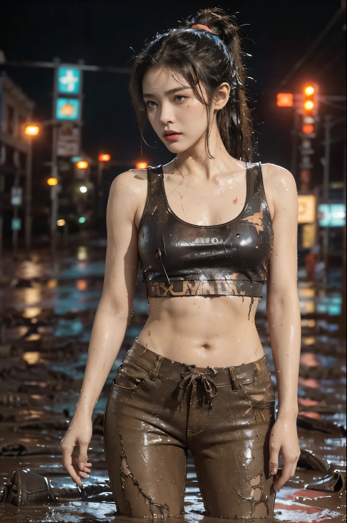 (((best quality))),(((ultra detailed))),(((masterpiece))),illustration,((1 beautiful girl,solo)),(short ponytail:1.2),(((sweat,wet))),((slim,thin)),((small breasts,flat chest)),(torn brown tank top:1.3),(torn brown sports pants:1.3),(standing:1.3),(cyberpunk city:1.3),(body soaked In the mud pit:1.3),(summer:1.2),(downpour:1.2), (mud-covered:1.2), street corner, resilience, fierce determination,vibrant colors,(mud splattered:1.3),city chaos,(muck:1.3),(neon lights:1.2),(muddy flooded street:1.3), towering buildings,(pounding rain:1.3), distressed structures,,(night scene:1.3),((from front,upper body))