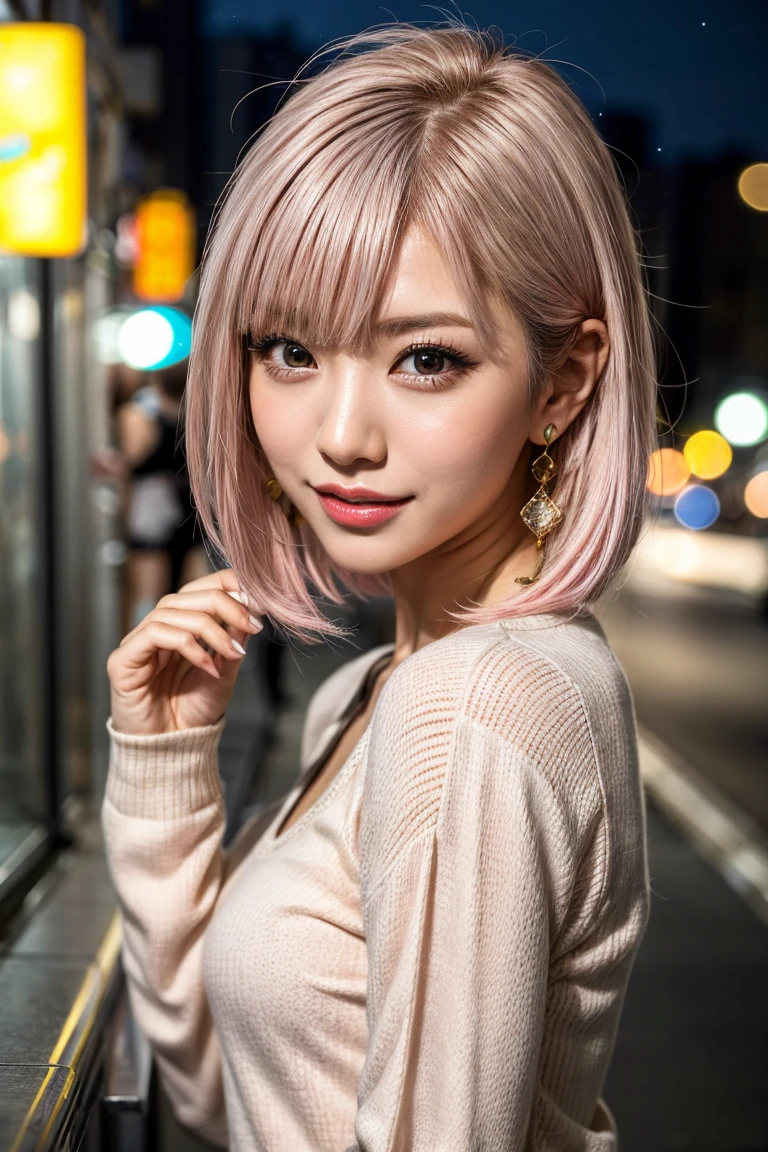 Highest quality, Tabletop, Ultra-high resolution, (Realistic:1.4), (Japanese Idols),RAW Photos, One Girl, night,Detailed skin,Blurred cityscape of South Korea,,Blonde, (Pink inner hair:1.3),Glossy Lips,smile,(Model pose:1.2),21 years old,Beautiful and beautiful eyes,Diamond jewellery,Earrings,Gold Jewelry,Cold Light,Tight black knitwear,,(Strengthened upper arms:1.2),A well-trained body,Pixie Hair