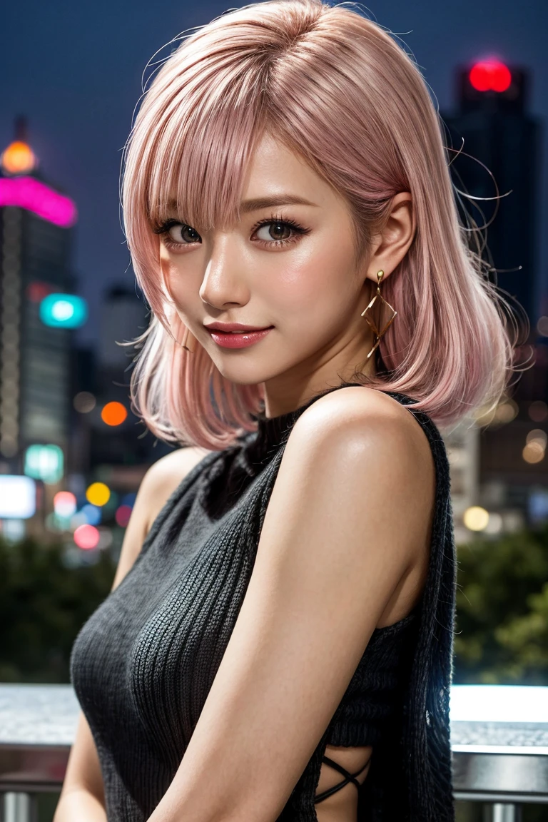 Highest quality, Tabletop, Ultra-high resolution, (Realistic:1.4), (Japanese Idols),RAW Photos, One Girl, night,Detailed skin,,Blonde, (Pink inner hair:1.3),Glossy Lips,smile,(Model pose:1.2),21 years old,Beautiful and beautiful eyes,Diamond jewellery,Earrings,Gold Jewelry,Cold Light,,,(Strengthened upper arms:1.2),A well-trained body,Pixie Hair,20-year-old、(Daytime:1.2)、Cityscape、City lights、Upper Body、close、Laughter、(8k、RAW Photos、Highest quality、masterpiece:1.2)、(Realistic、Realistic:1.37)、Stylish knit dress、Curly Hair、Outdoor Cafe、Drink tall coffee, Large Breasts, Very good、Nipple selection