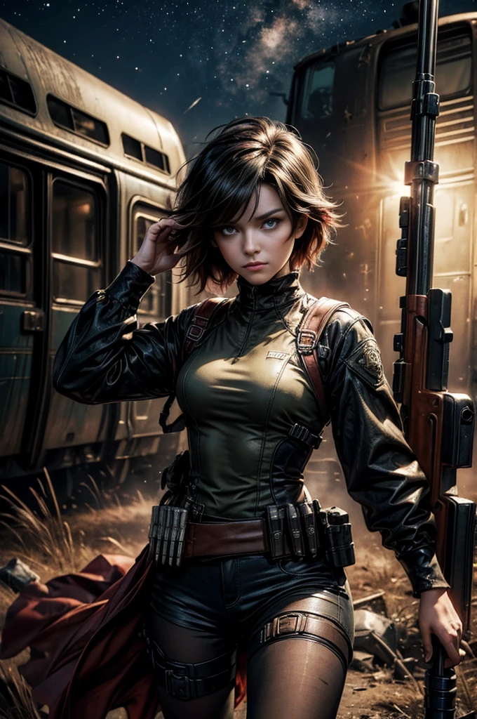 (masterpiece, best quality:1.2), cowboy shot, solo, dynamic pose, 1girl, ruby rose, looking at viewer, military uniform,  pantyhose, standing next to wrecked train, crowd searching with rifles, (crowd in military unifom) night, stars, closed mouth, serious look, serious expression, post-apocalypse, dystopian future 