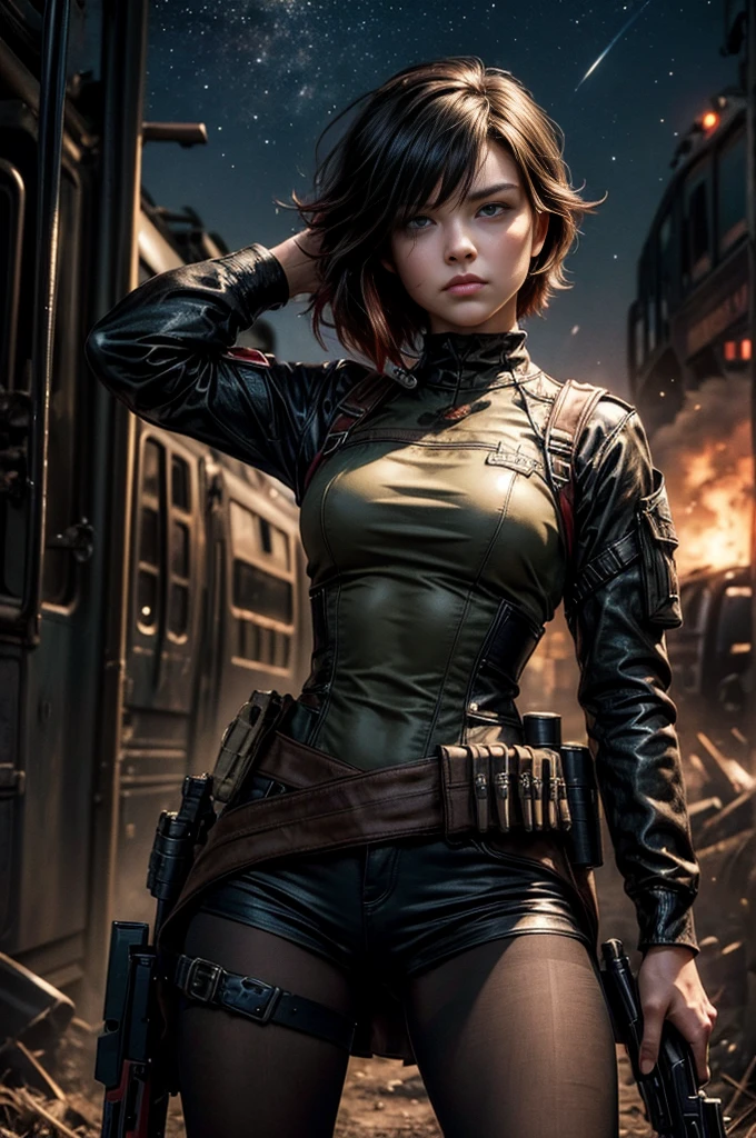(masterpiece, best quality:1.2), cowboy shot, solo, dynamic pose, 1girl, ruby rose, looking at viewer, military uniform, pantyhose, standing next to wrecked train, crowd searching with rifles, (crowd in military unifom) night, stars, closed mouth, serious look, serious expression, post-apocalypse, dystopian future