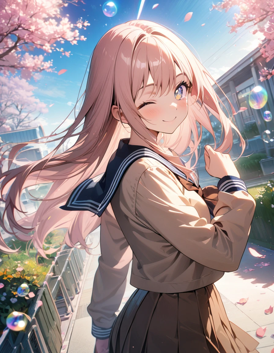 1 girl,,amazing quality, aesthetic,8K,anime,ultra-detailed face,detailed eyes,sailor suit,brown collar(brown:1.5), light brown shirt,long sleeve,brown pleated skirt,brown ribbon tie,white knee-high socks,gradient eyes,one eye closed,smile,floating hair,pink hair,long hair,upper body,Looking back at the viewer,School building,School garden,cherry blossom tree,blue sky,(petals:1.3),(bubbles:1.3),(iridescent light:1.4),Dynamic angle,masterpiece, top quality, highly detailed illustration