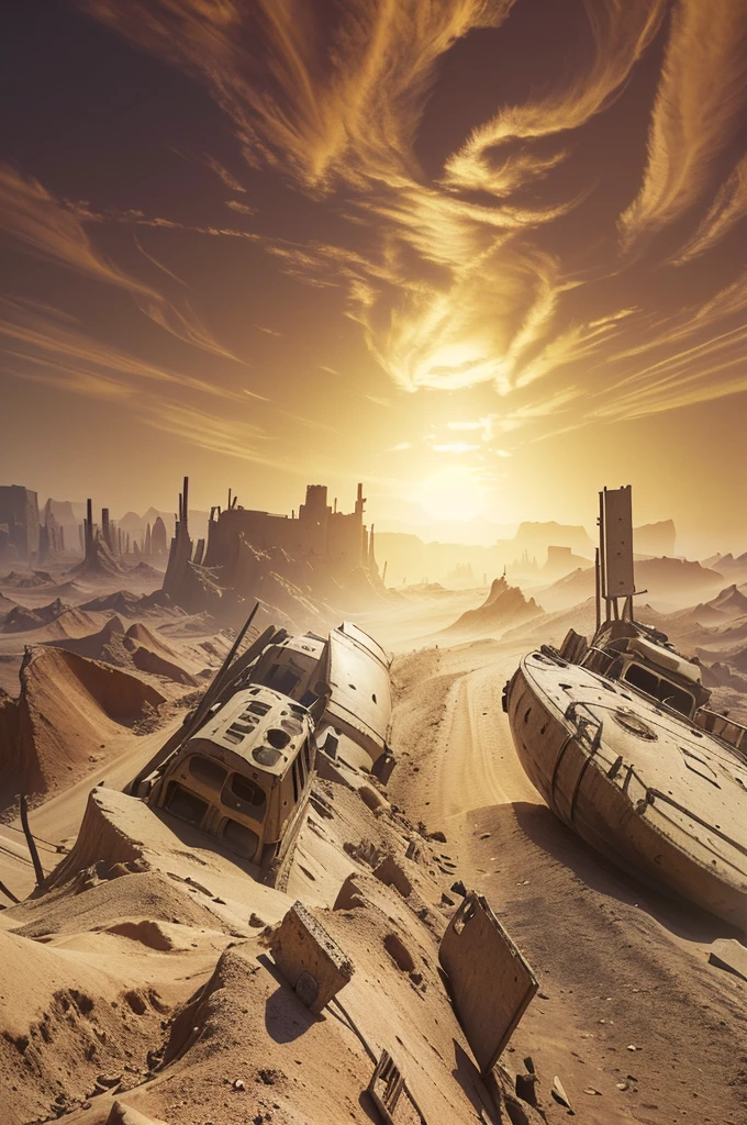 There are many vehicles and boats in the desert, post apocalyptic landscape, apocalyptic landscape, Post-apocalyptic hellscape, Post-apocalyptic wasteland, doomsday landscape, post apocalyptic scene, Post-apocalyptic atmosphere, 3D rendering and matte painting, "Matte Painting", post apocalyptic world, "Matte Painting", Post-apocalyptic wasteland, Realistic apocalyptic war scenario, Surreal matte painting , ((low angle shot 1.7)) ((Camera lens close to the ground to shoot 1.8))