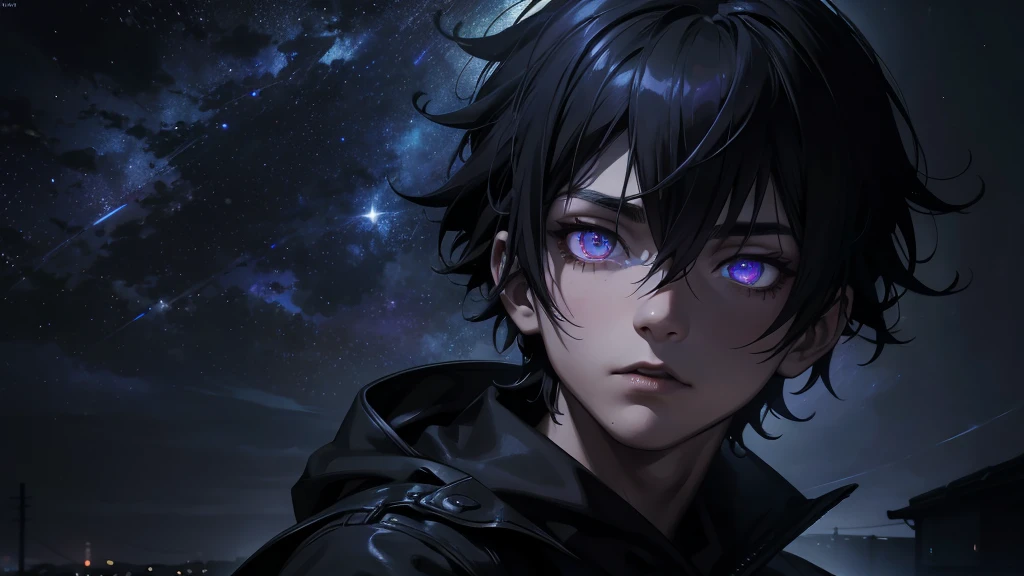 an emo goth boy looking at a starry night sky, highly detailed face and eyes with glow, moody atmosphere, dark colors, dramatic lighting, cinematic composition, digital art, concept art, hyper realistic, photorealistic, 8k, best quality, masterpiece