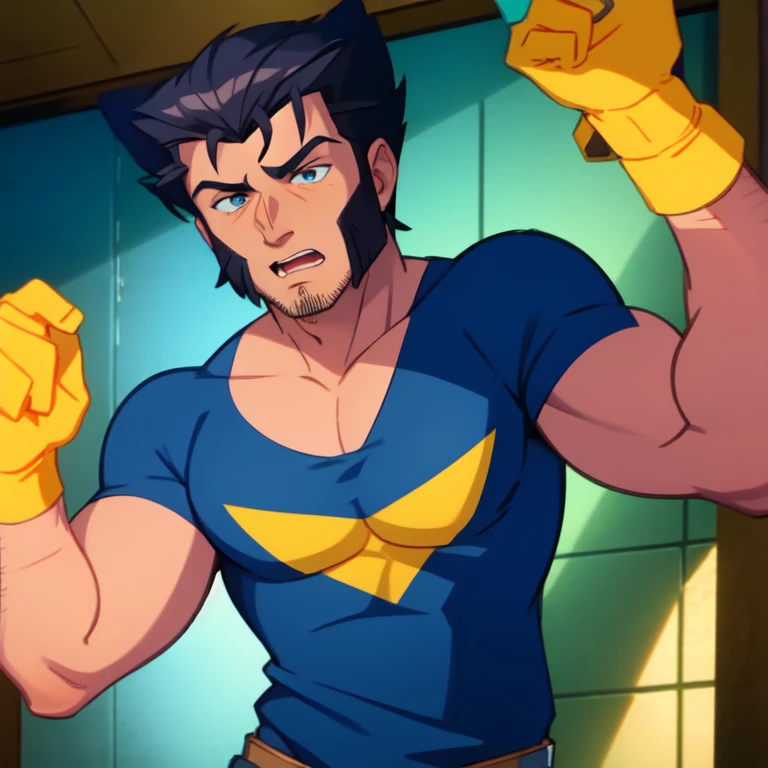 (masterpiece, best quality:1.1), 1boy, solo, male focus, (wolverine:1.05), blue black and yellow, black hair, sideburns, white tank top, muscular build, bushy eyebrows, stubble