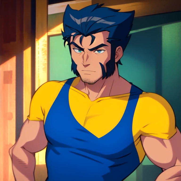 (masterpiece, best quality:1.1), 1boy, solo, male focus, (wolverine:1.05), blue black and yellow, black hair, sideburns, white tank top, muscular build, bushy eyebrows, stubble