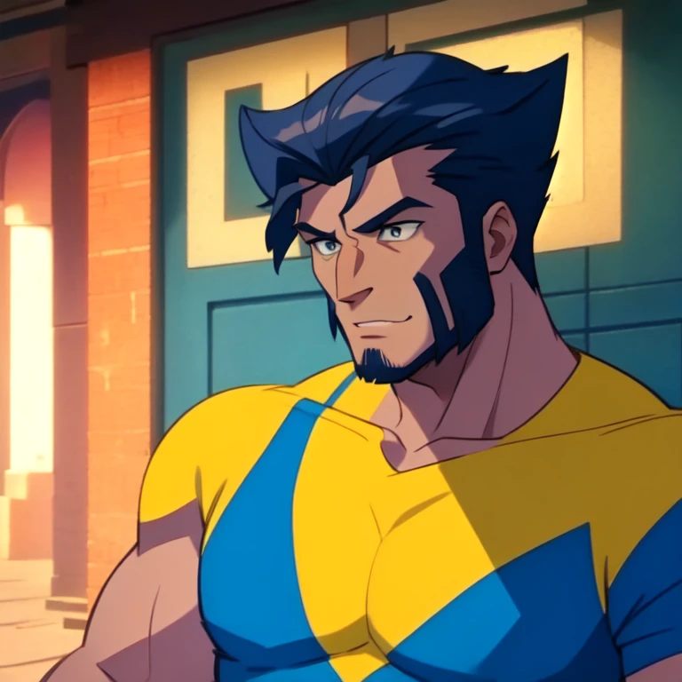 (masterpiece, best quality:1.1), 1boy, solo, male focus, (wolverine:1.05), blue black and yellow, black hair, sideburns, white tank top, muscular build, bushy eyebrows, stubble