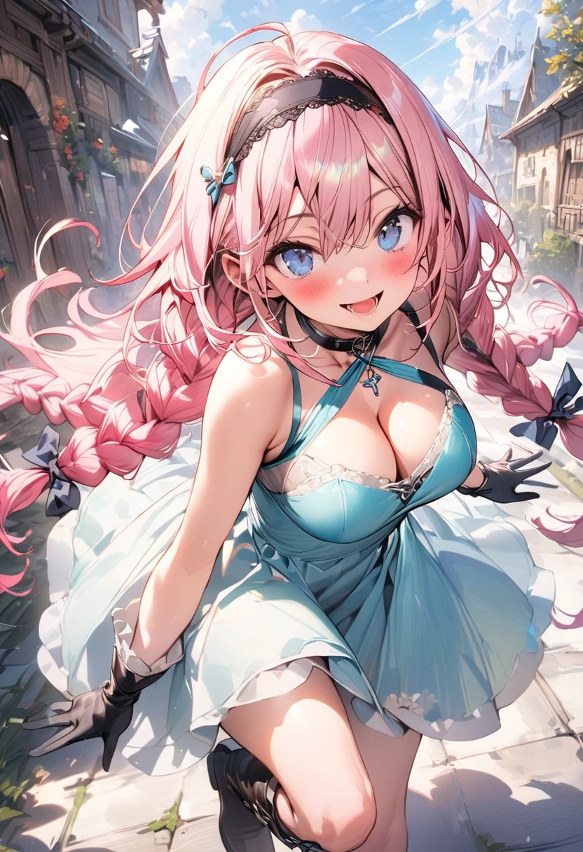 (masterpiece),(best quality),(ultra-detailed),(best illustration),(best shadow),(absurdres),(detailed background),(very aesthetic), 1girl, solo, blue-eyes, ((long-hair)), braid, boots, pink-hair, breasts, twin-braids, smile, open-mouth, cleavage, choker, large-breasts, full-body, bare-shoulders, looking-at-viewer, simple-background, hairband, blush, armor, gloves, dress, knee-boots, standing
