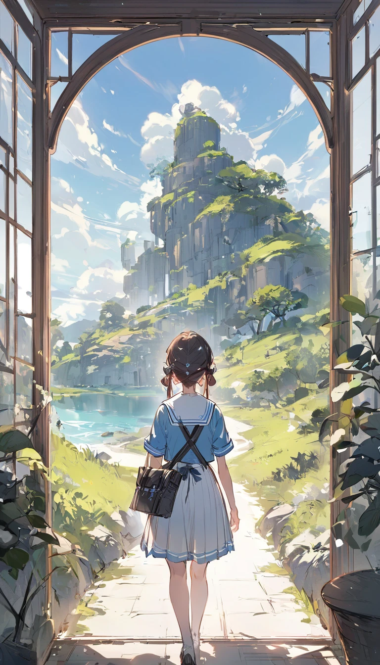 One Girl、cute、Sailor suit、Standing back view、Summer landscape、blue sky、Large Entrance Clouds、Transparent illustrations、White background、sketch、