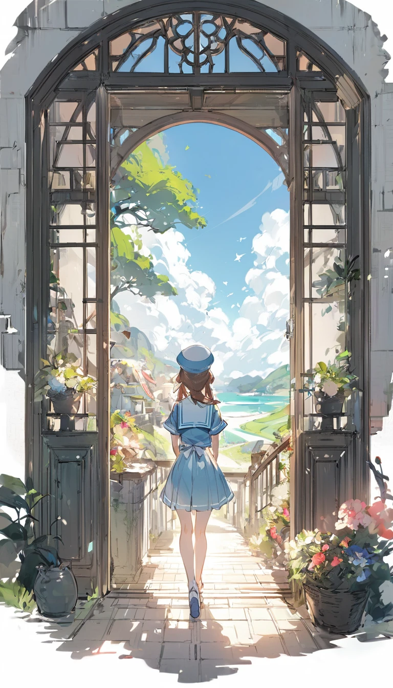 One Girl、cute、Sailor suit、Standing back view、Summer landscape、blue sky、Large Entrance Clouds、Transparent illustrations、White background、sketch、