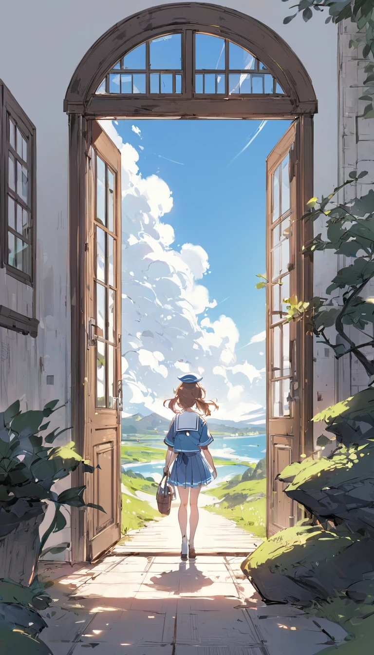 One Girl、cute、Sailor suit、Standing back view、Summer landscape、blue sky、Large Entrance Clouds、Transparent illustrations、White background、sketch、
