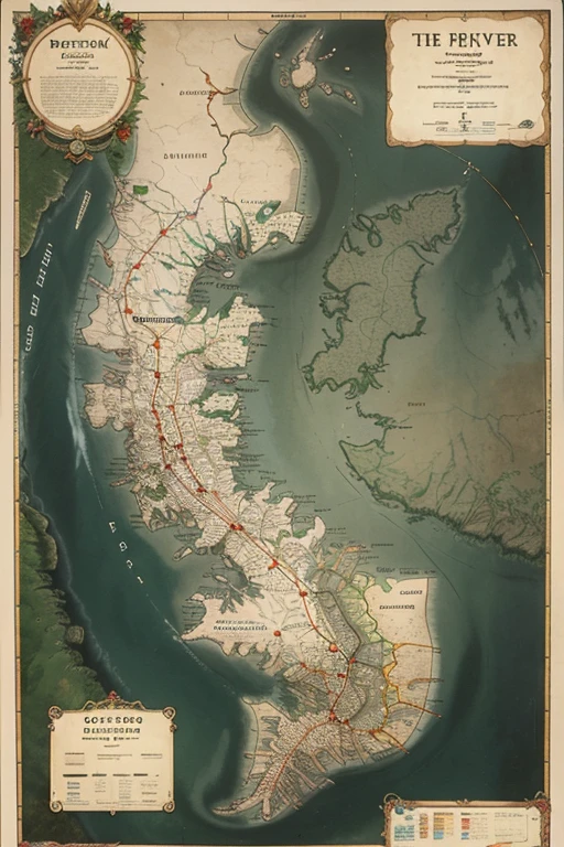 A large map that includes four kingdoms. On one side of the map is a long river, on the side of the river is a forest, then a sea