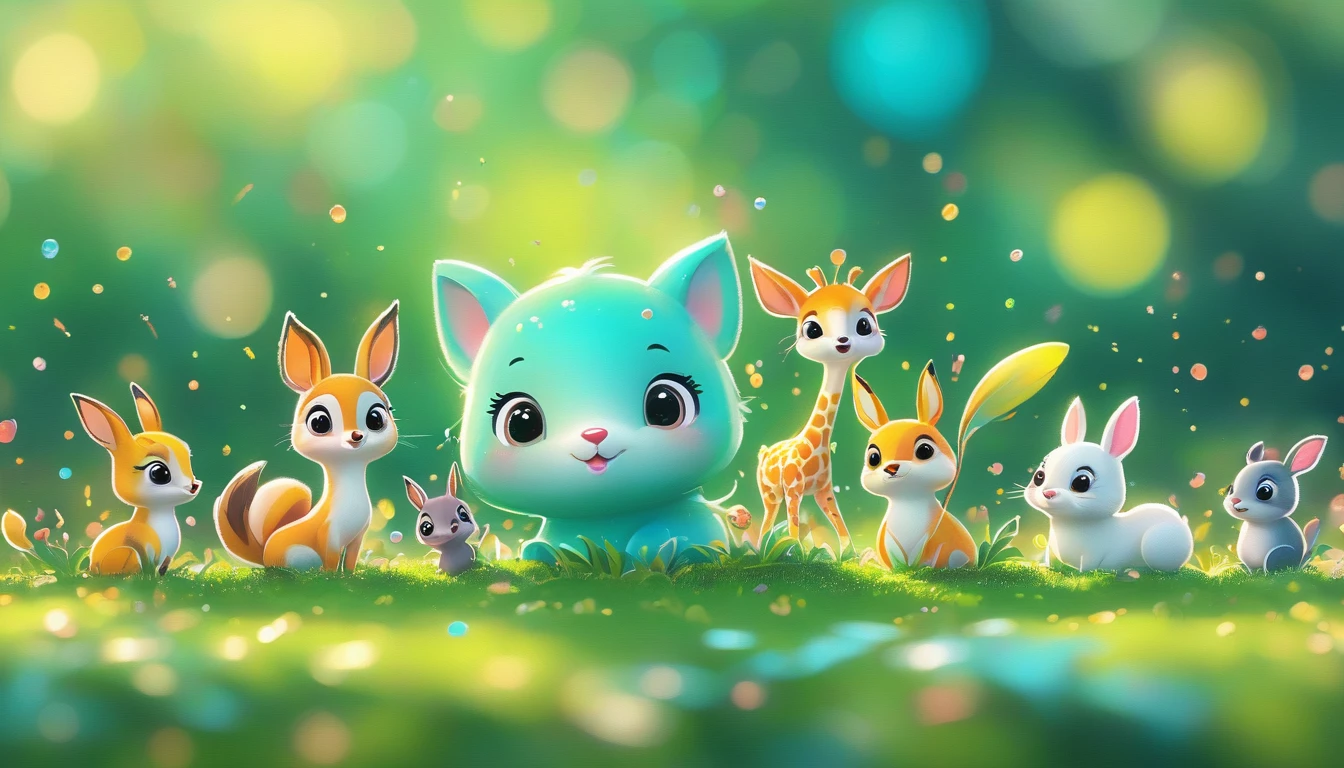 (masterpiece, best quality:1.2), Close up of cartoon animals on green background, cute numbersArt, Beautifully detailed digital art, 4k high definition illustration wallpaper, Cute numbers, Blurred dream picture, 4k hd wallpaper illustration, Cute 3d rendering, A beautiful artistic illustration, 2d illustration, 2d illustration, Blurred dreamy illustration, Epic Concept Art. bokeh