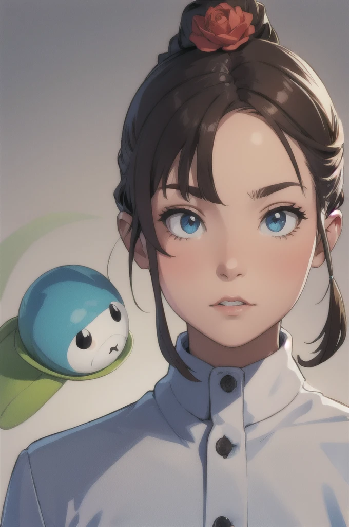 (head of'artwork, best quality),1fille,smooth hair,regarder le spectateur,Haut du corps,suspenders,floral print,Loose hair,black hair, blue eye