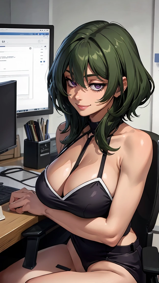 Bad, (Best quality:1.3), (4K quality), ((detailed face)),((smile)), ((skinny body)), Green hairs, (beautiful breasts), messy hair haircuts on the side of her head, cleavage, sexy, (((ecchi)) ), Skinny girl, skinny muscular woman, skinny body, perfect body, sexy skinny body, purple eyes, sexy slang, office, office lady,torn office vest, naked, sitting on a chair, legs open, nsfw, hands on breasts,