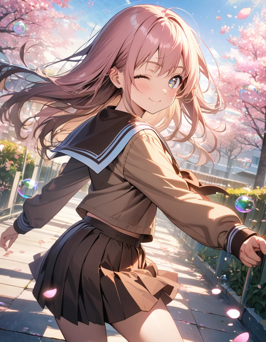 1 girl,16yo,amazing quality, aesthetic,8K,anime,ultra-detailed face,detailed eyes,sailor suit,brown collar(brown:1.5), light brown shirt,long sleeve,brown pleated skirt,brown ribbon tie,white knee-high socks,gradient eyes,one eye closed,smile,floating hair,pink hair,long hair,upper body,Looking back at the viewer,School building,School garden,cherry blossom tree,blue sky,(petals:1.3),(bubbles:1.3),(iridescent light:1.4),Dynamic angle,masterpiece, top quality, highly detailed illustration