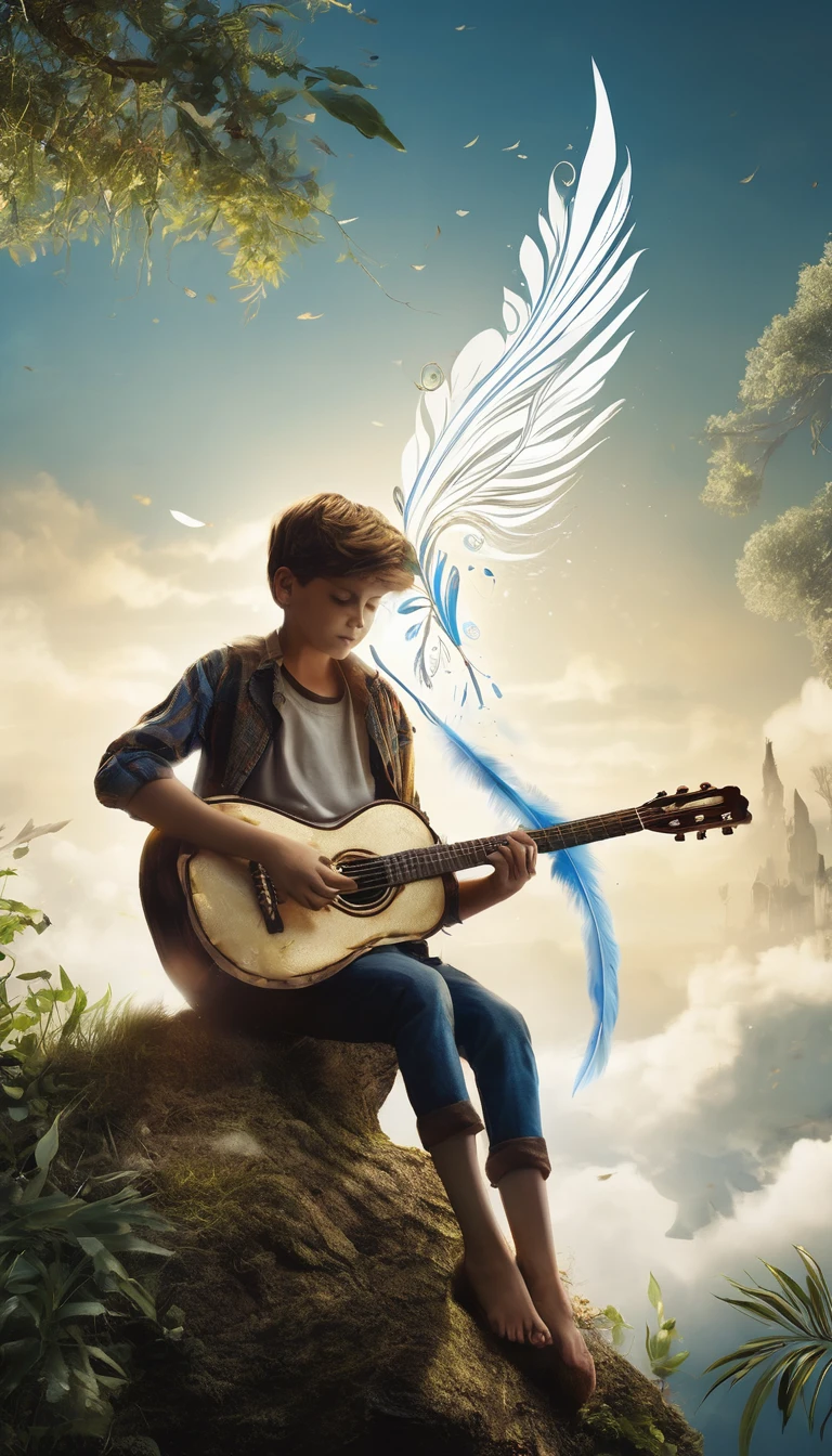Create a cinematic, abstract symbol for a storytelling production brand based on stories and dreams called " Penamemoria". The logo should convey a fantasy theme and include the company of a boy and a feather. Fantastic, memorable, poetic, dreamy, sitting against a tree and playing guitar to a fantastic, unique, poetic white-blue-golden feather.