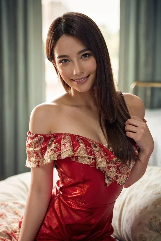 Portrait of an 18 year old girl, posing like super model, western film , ultra realistic, Beautiful nose , brown hair and big eyes, without makeup, looking directly at the camera, wearing a red off-the-shoulder dress ,in bed , smiling , spectacular lighting, gorgeous, (deep neckline), Photoshoot, (masterpiece), natural look, High resolution, extremely detailed background, skin with pores, , cinematic lighting completed. , full body with legs