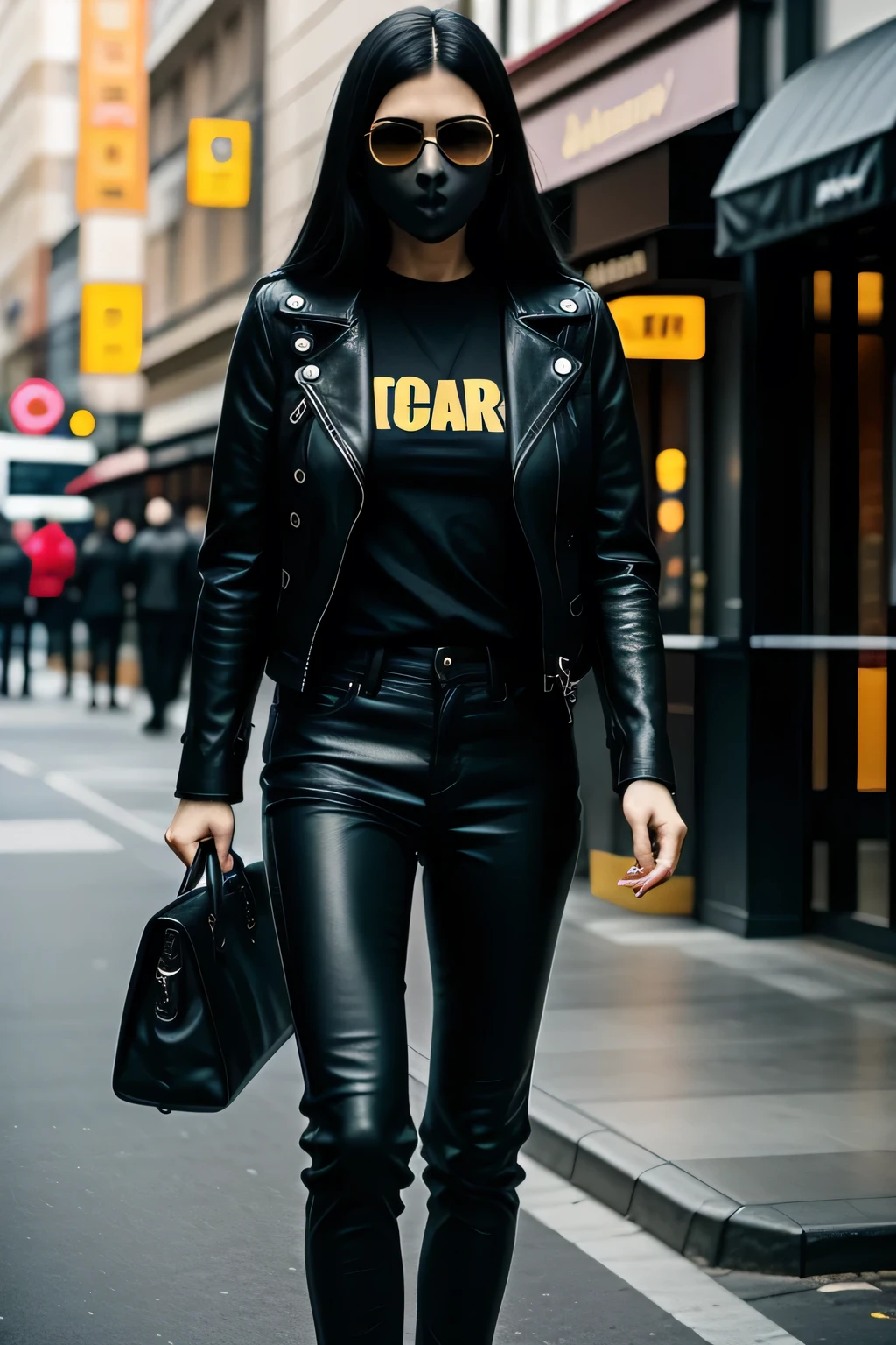 top Quority,tmasterpiece,Red and yellow punosher skull,One wears(Gold skull mask detail《The mistake is complicated》),of a woman with long black hair,Wear leather jackets and leather pants,The figure is bumpy,holding sniper rifle