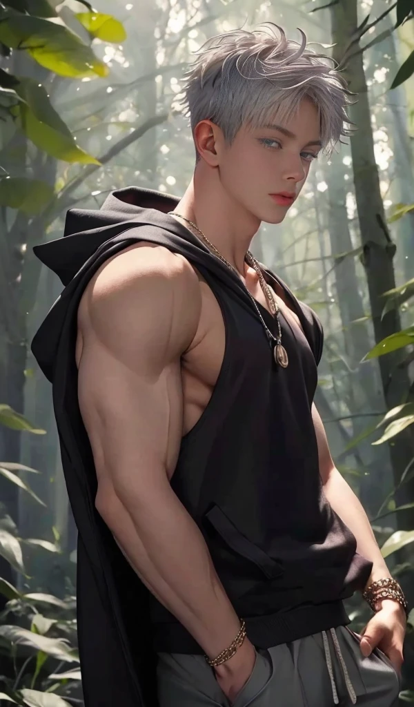1 male, high resolution 4k, adult, handsome, perfect face detail, detailed eyes and face, clean shaved, sixpack realistic, white eyebrow hair, white eyelashes, Naked torso, Detailed face, perfect face, dynamic lighting, unreal engine, hd picture, satoru gojo, Jujutsu kaisen, white hair, short hair ,hair between eyes ,blue eyes, white skin, singlet hoodie jacket, Watch Necklace