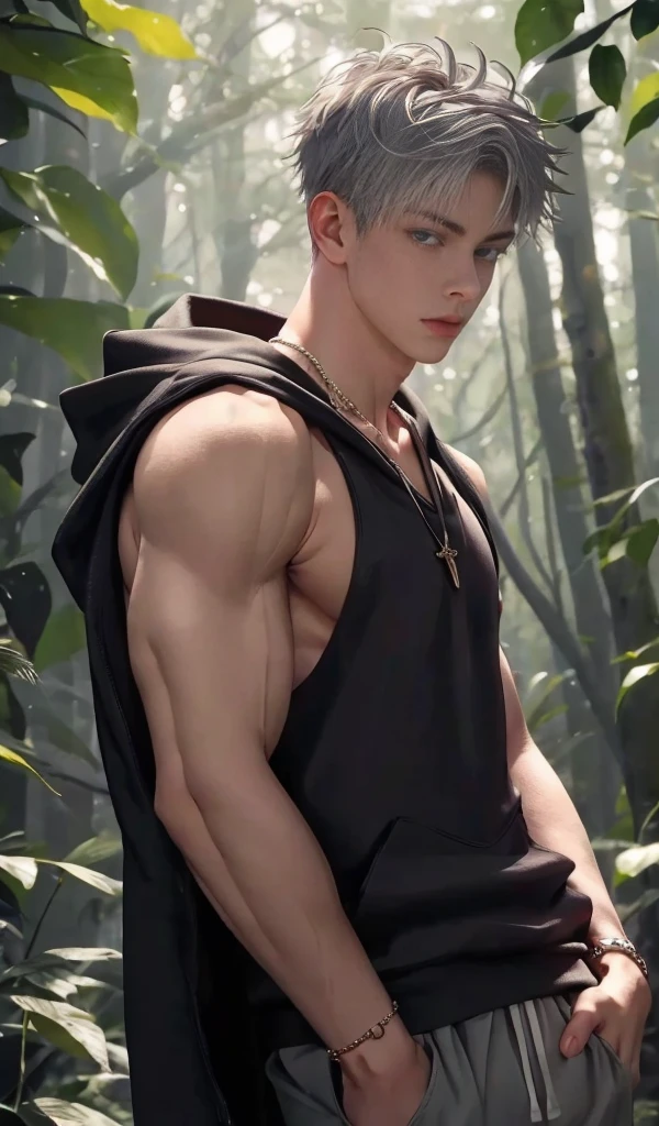 1 male, high resolution 4k, adult, handsome, perfect face detail, detailed eyes and face, clean shaved, sixpack realistic, white eyebrow hair, white eyelashes, Naked torso, Detailed face, perfect face, dynamic lighting, unreal engine, hd picture, satoru gojo, Jujutsu kaisen, white hair, short hair ,hair between eyes ,blue eyes, white skin, singlet hoodie jacket, Watch Necklace