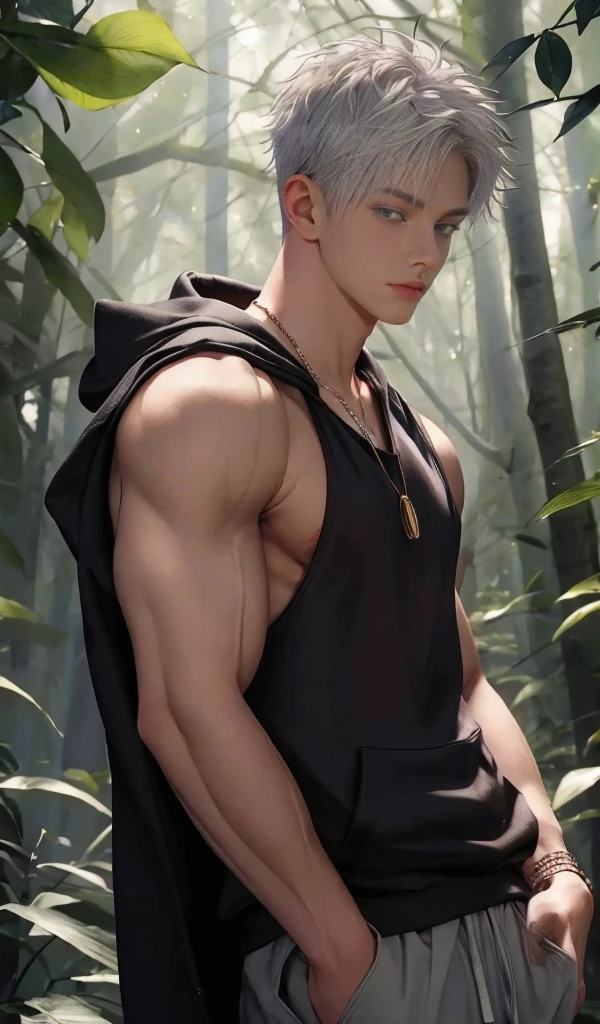 1 male, high resolution 4k, adult, handsome, perfect face detail, detailed eyes and face, clean shaved, sixpack realistic, white eyebrow hair, white eyelashes, Naked torso, Detailed face, perfect face, dynamic lighting, unreal engine, hd picture, satoru gojo, Jujutsu kaisen, white hair, short hair ,hair between eyes ,blue eyes, white skin, singlet hoodie jacket, Watch Necklace