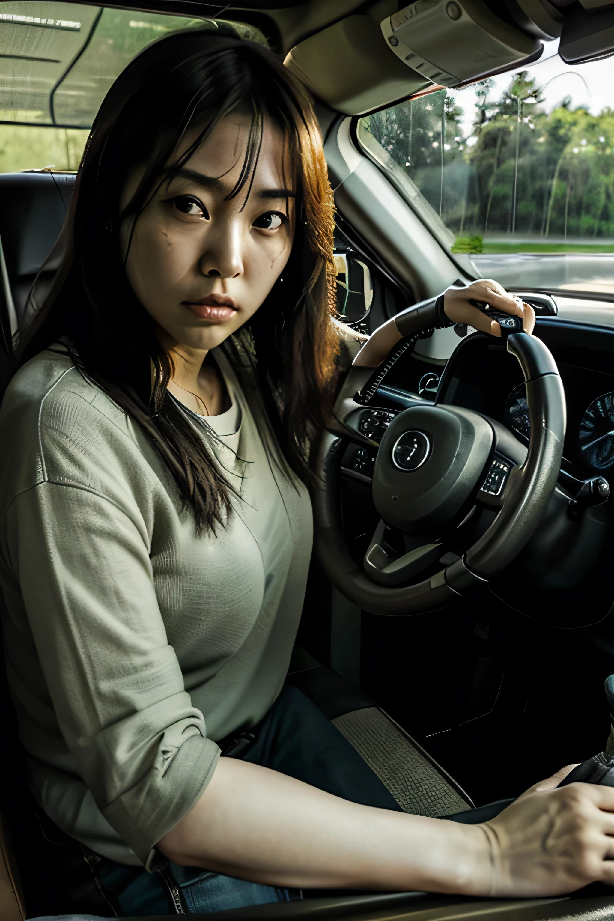 A beautiful Japanese woman is driving a large truck with a tired expression on her face. Her eyes are slightly drooping, and she looks exhausted as she grips the steering wheel. The scenery outside the truck shows the early morning light, with the road stretching ahead, emphasizing the long journey she's enduring."